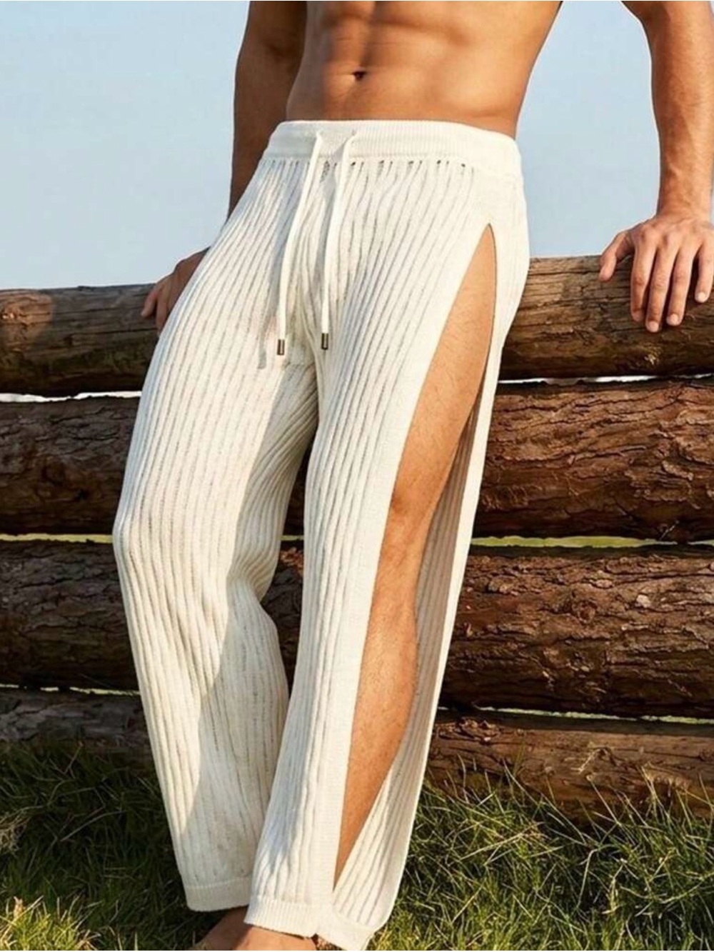 Men's Cream Ribbed Knit Split-Side Lounge Pants